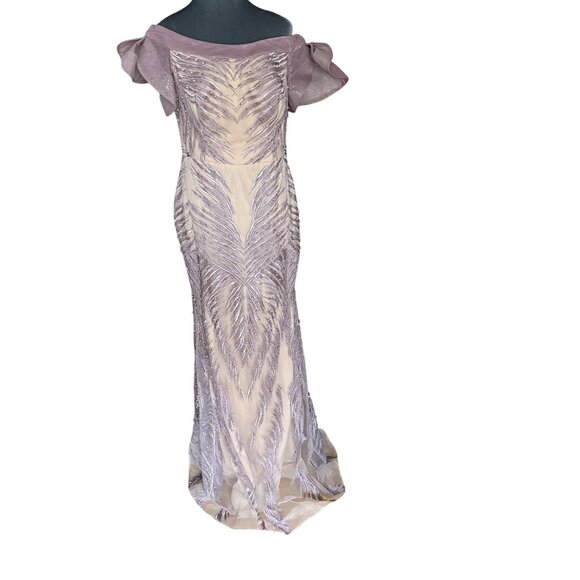 Off-Shoulder Lavender Sheer Evening Gown With Beaded Embroidery & Leaf Motif Pat